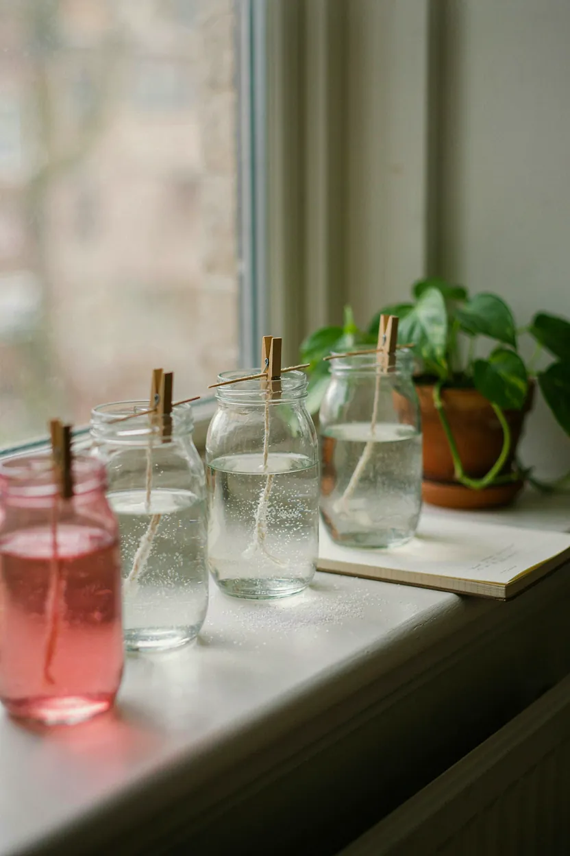 Jars of sugar syrup with rock candy crystals growing on strings