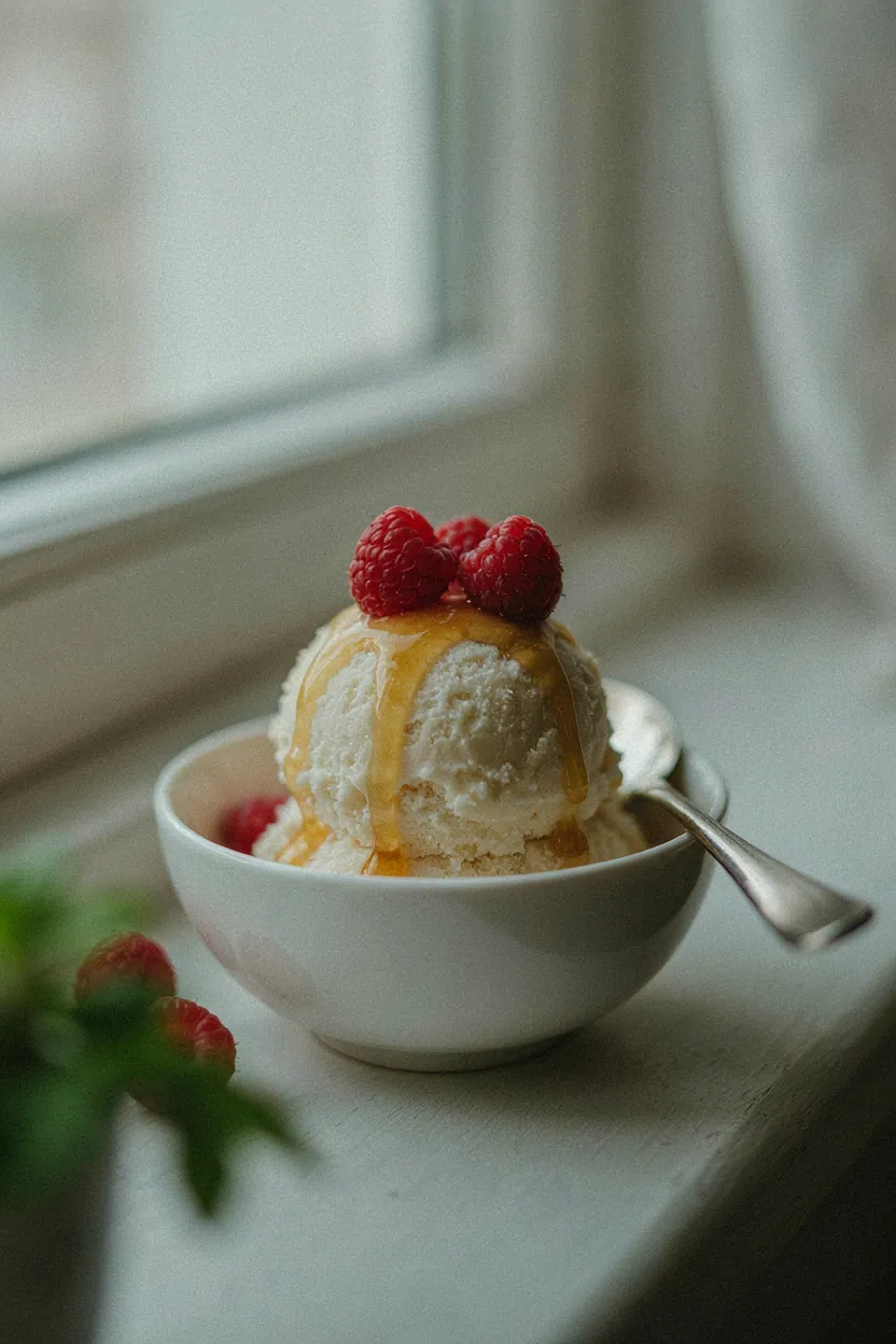 Bowl of maple snow ice cream topped with raspberries
