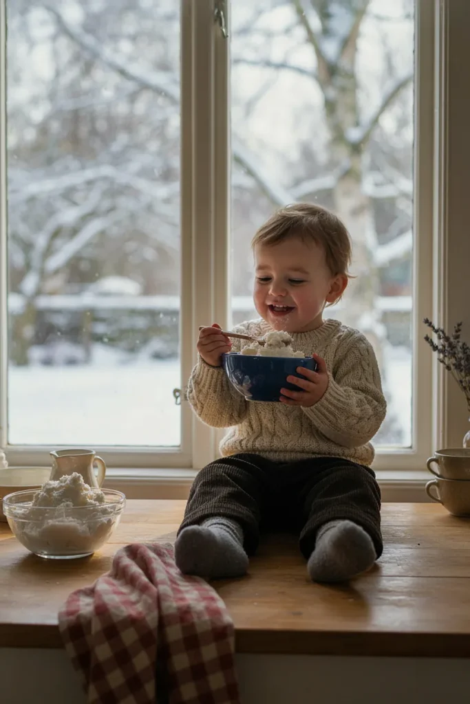 Child eating a bowl of homemade snow ice cream by a snowy window
