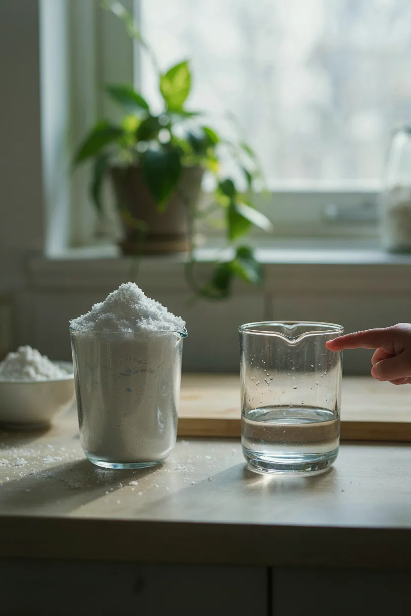 Measuring jug of fresh snow next to a jug showing how little water it melts into