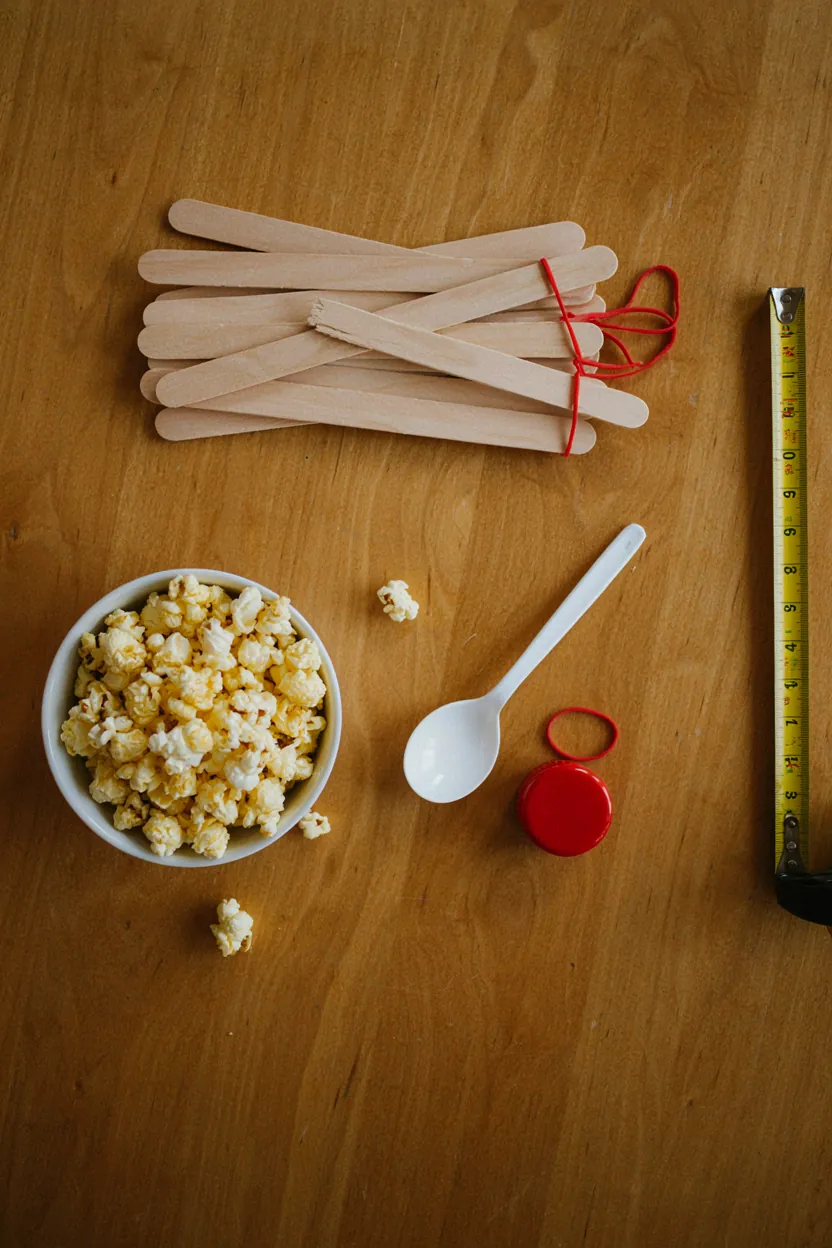 Craft sticks, rubber bands, spoon and popcorn for building a catapult