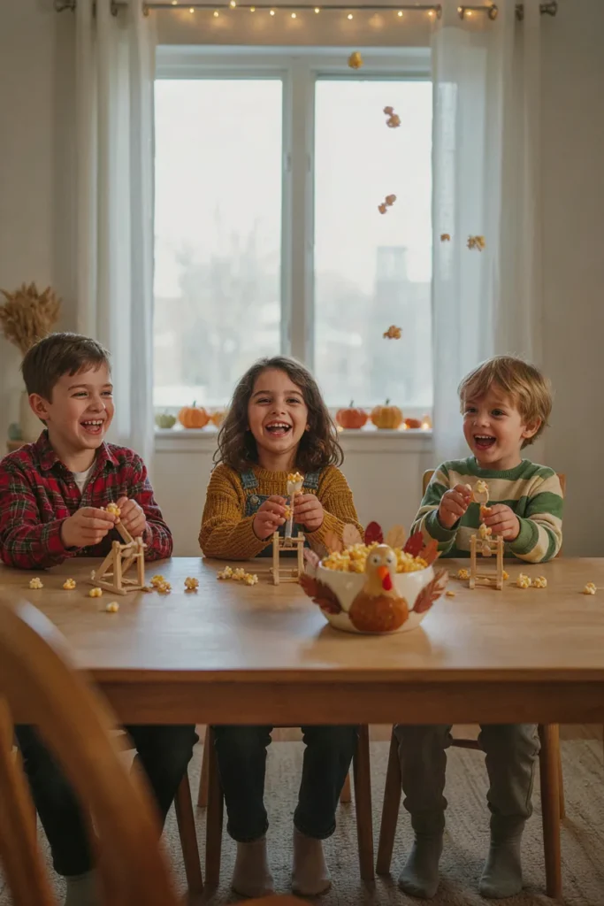 Kids launching popcorn with craft stick catapults at a Thanksgiving table