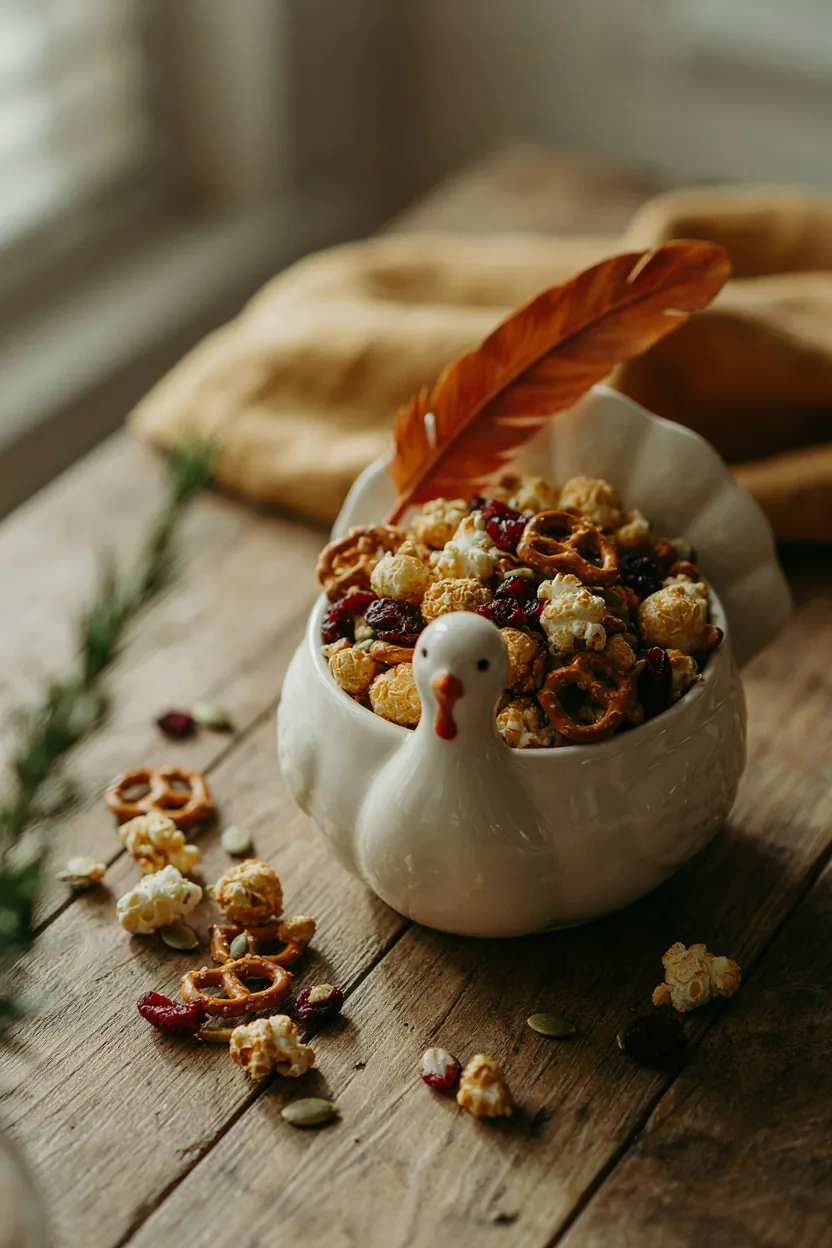 Thanksgiving popcorn snack mix in a turkey bowl