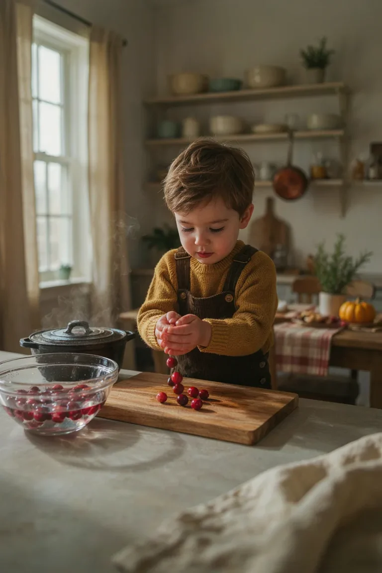 Child bouncing fresh cranberries for a Thanksgiving science experiment